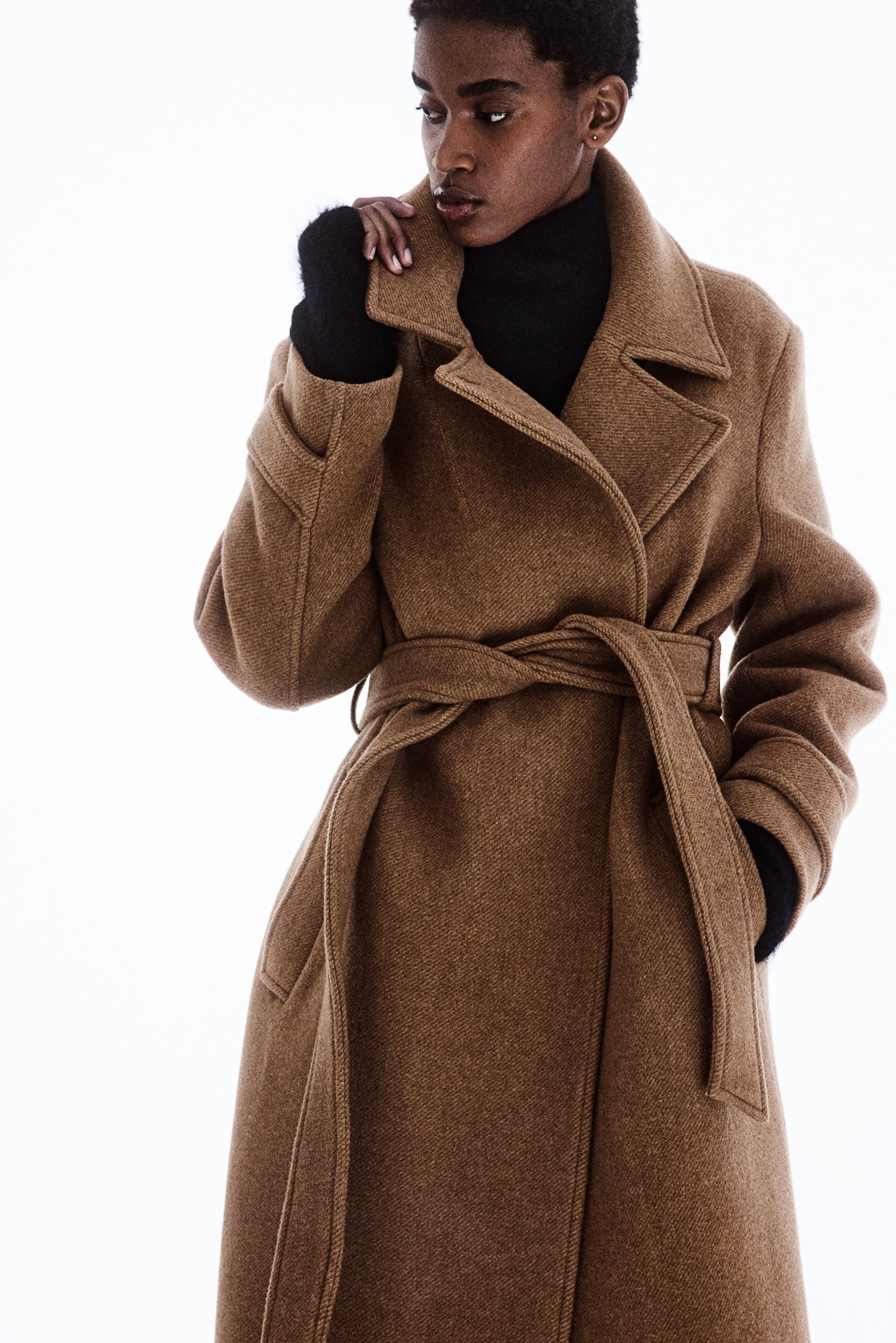 Wool-blend tie-belt coat