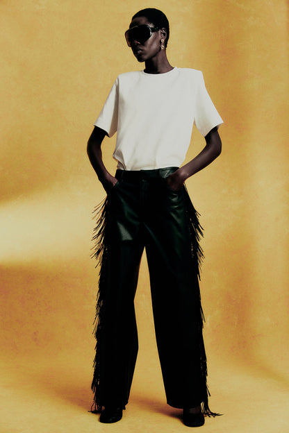 Fringed coated trousers
