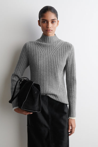 Ribbed Wool Funnel-Neck Jumper
