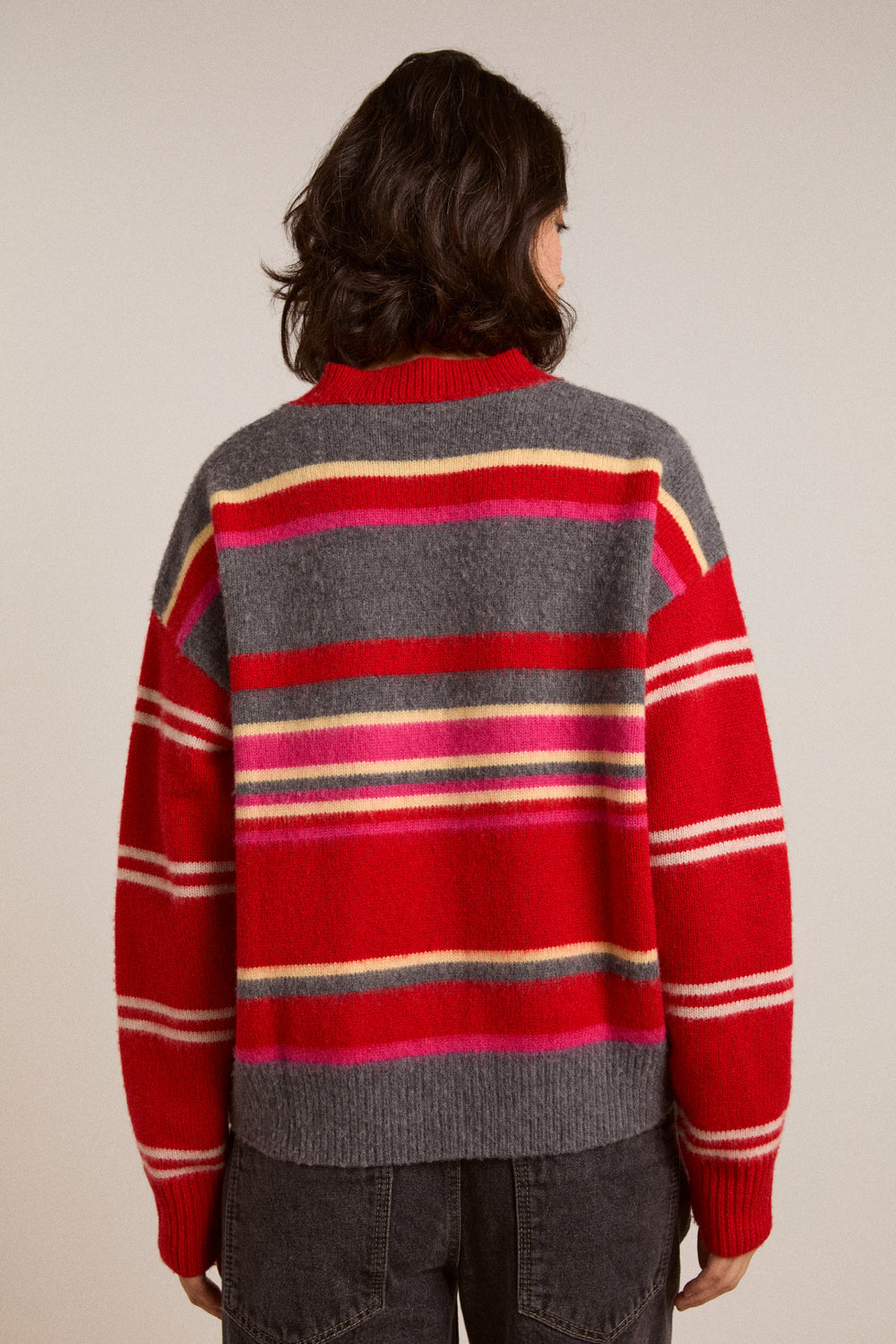 Rene Merino Wool V Jumper Pink/Red Stripe