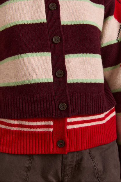 Didi Merino Wool Cardigan Burg Argyle/Stripe