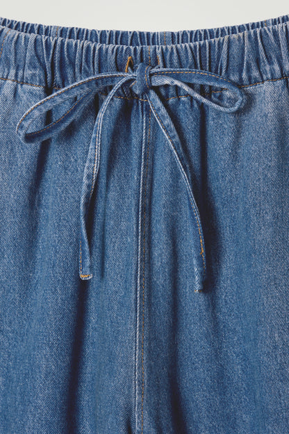 Barrel-Leg Denim Drawstring Trousers