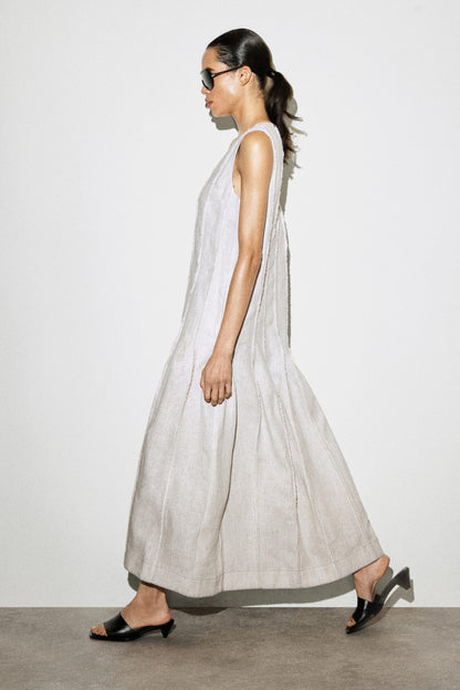 Sculpted Pleated Linen Midi Dress