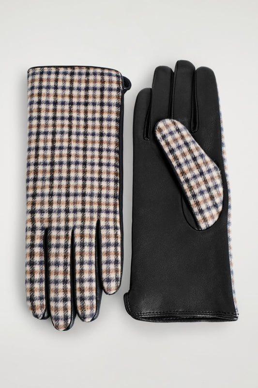 Checked Wool and Leather Gloves