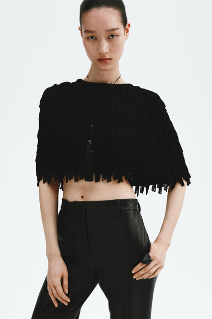 Fringed rib-knit cape