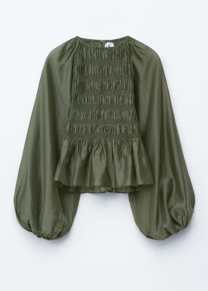 Balloon-sleeve Smocked Blouse