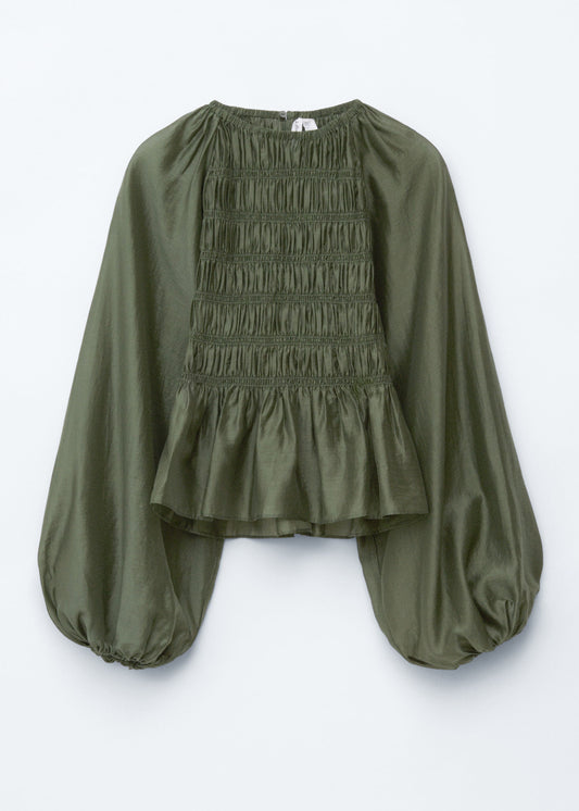 Balloon-sleeve Smocked Blouse