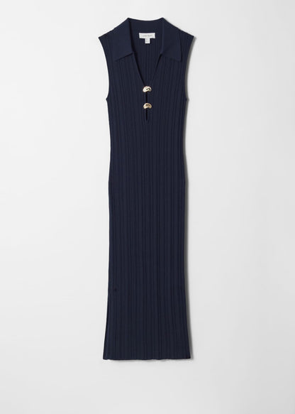 Rib-Knit Collared Midi Dress