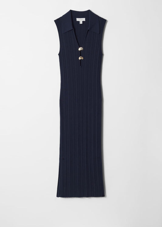 Rib-Knit Collared Midi Dress