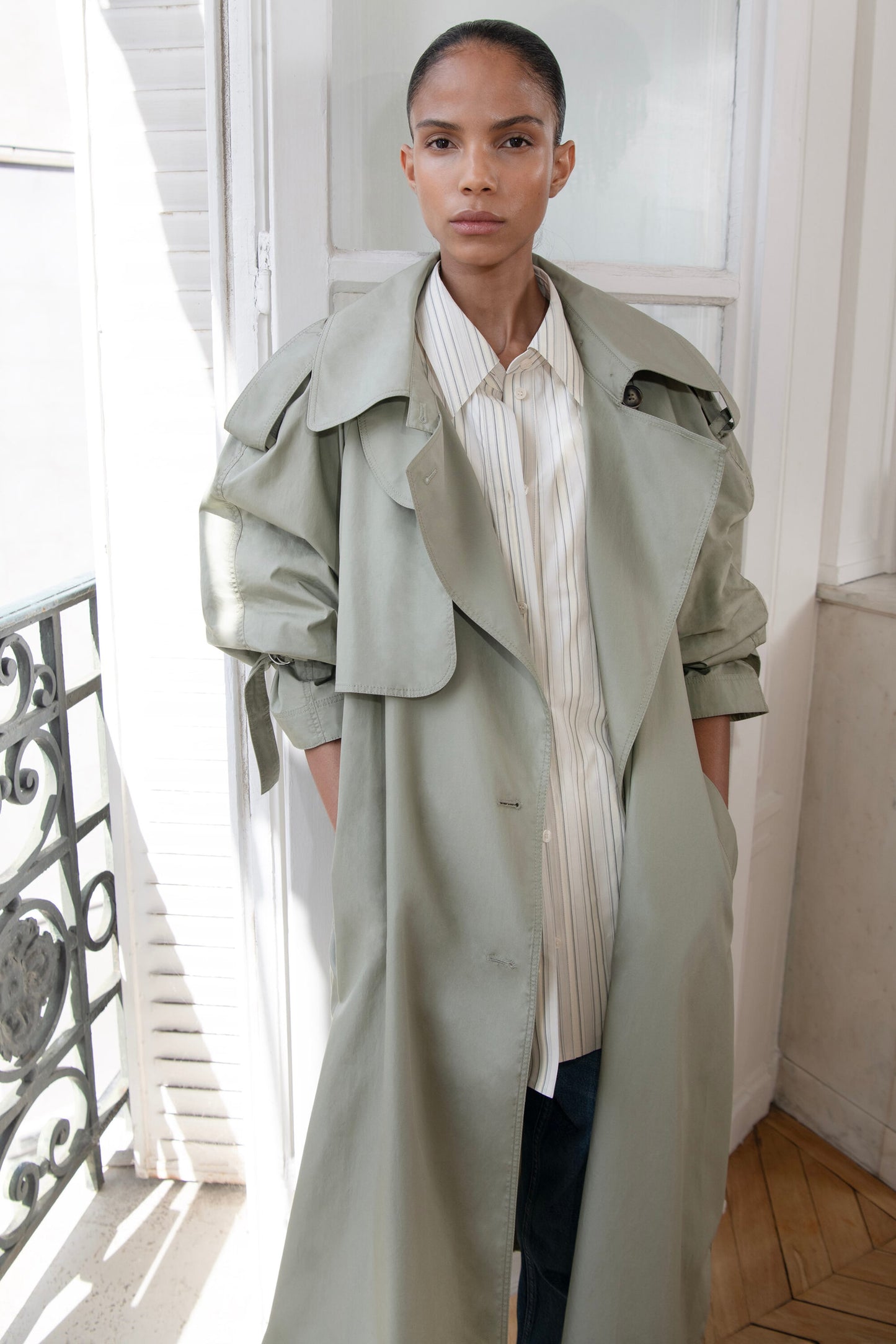Funnel-Neck Cotton Trench Coat