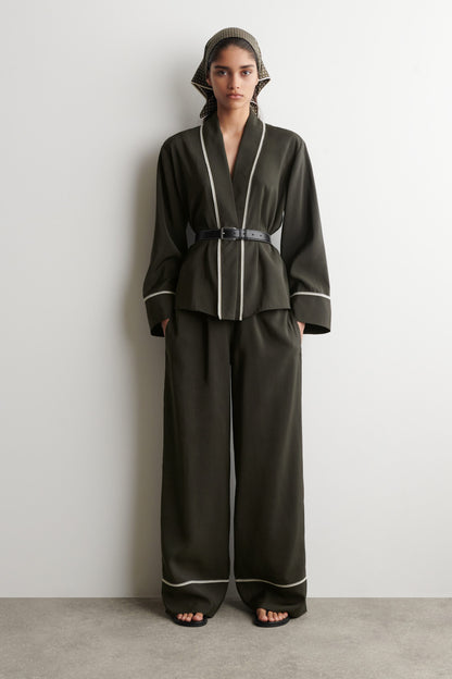 Contrast-piped straight-leg trousers