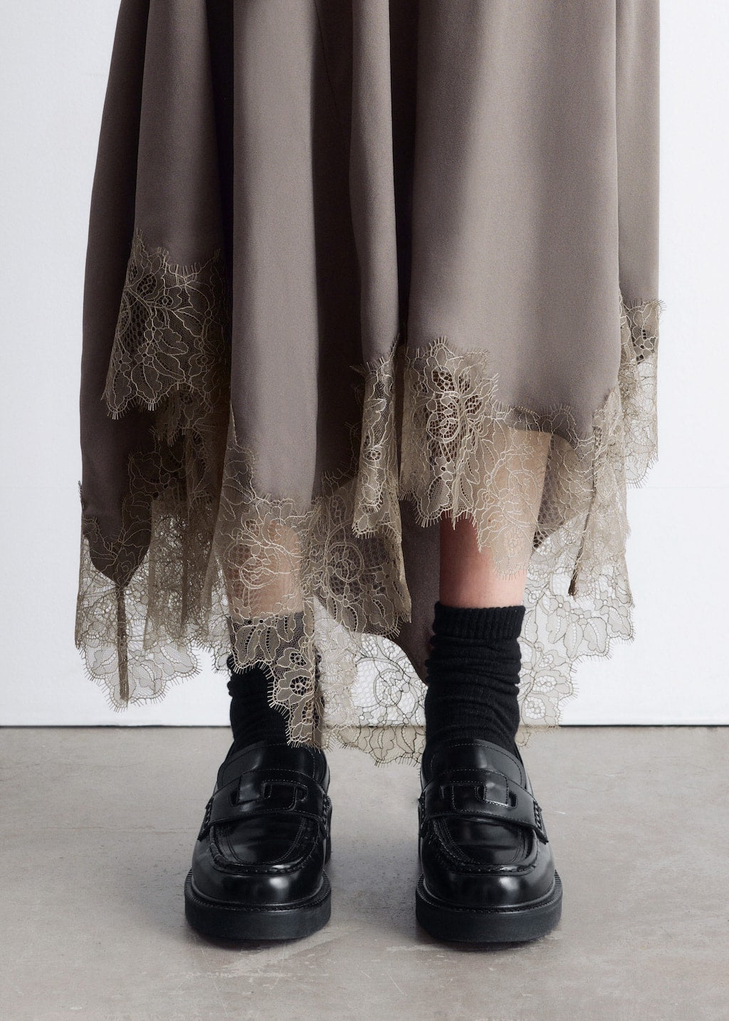 Asymmetrical Lace-Trimmed Midi Skirt