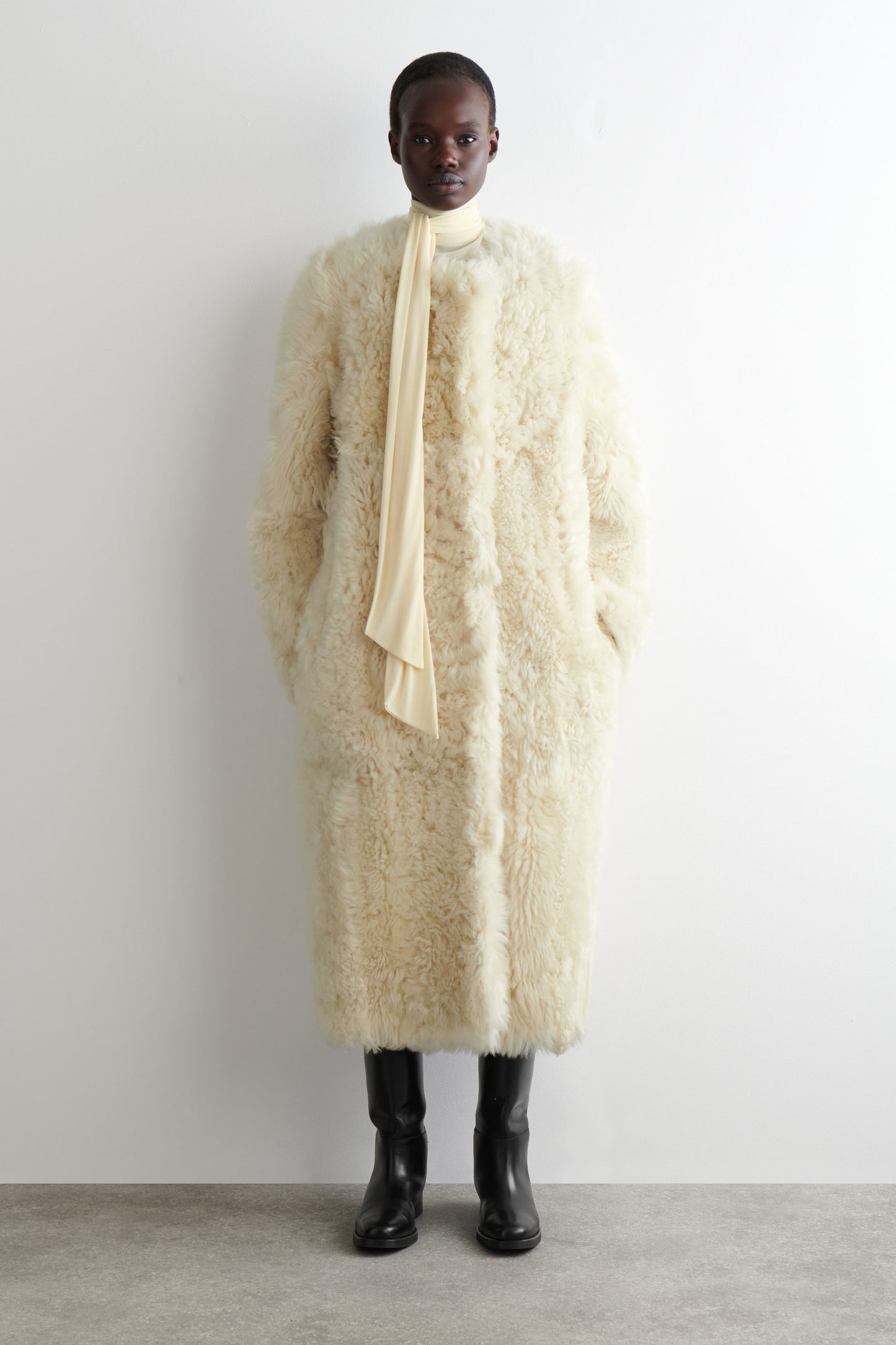 Collarless Shearling Coat