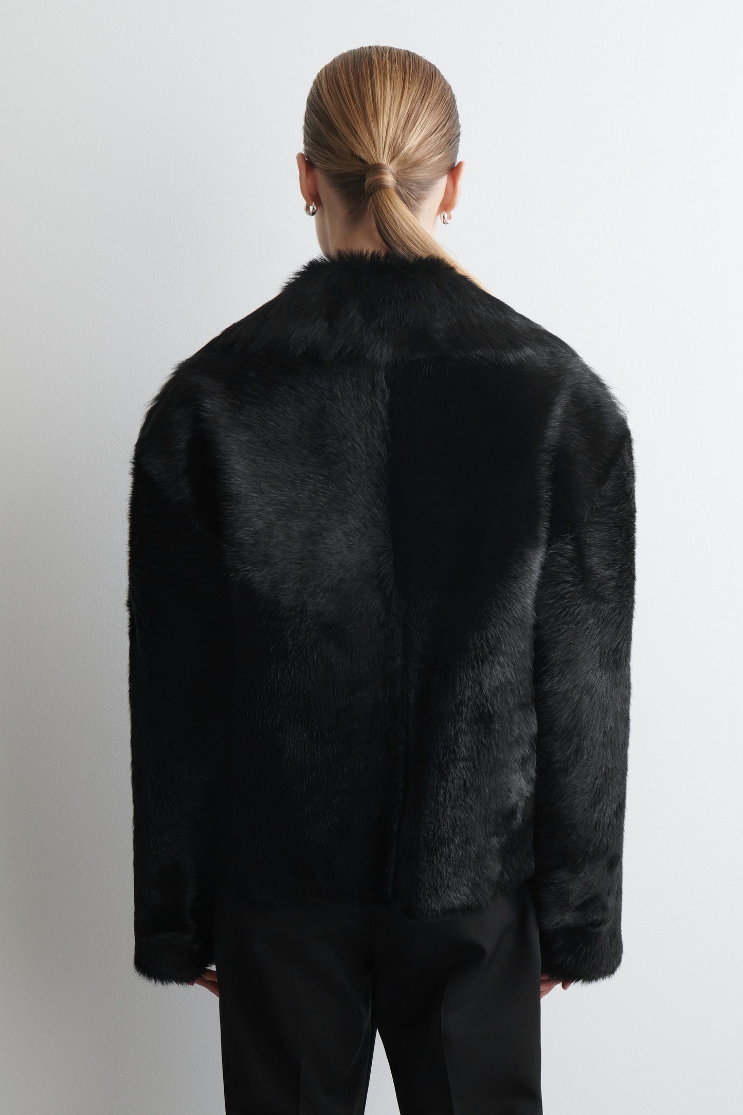 Collared pony hair-effect leather jacket