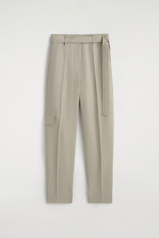 Belted Linen Barrel-Leg Trousers