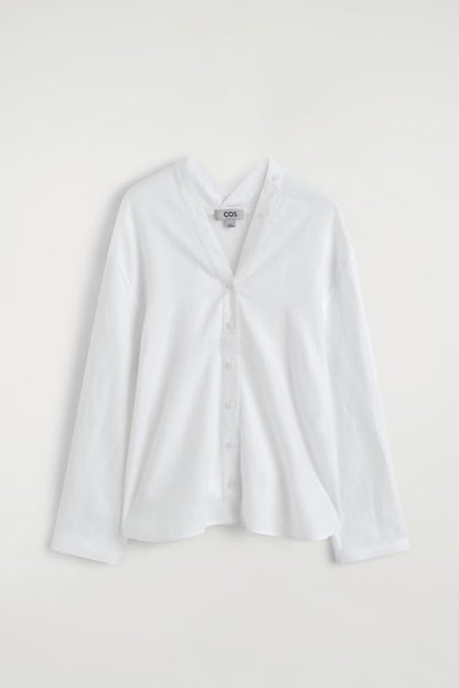 Button-Detail Linen V-Neck Shirt