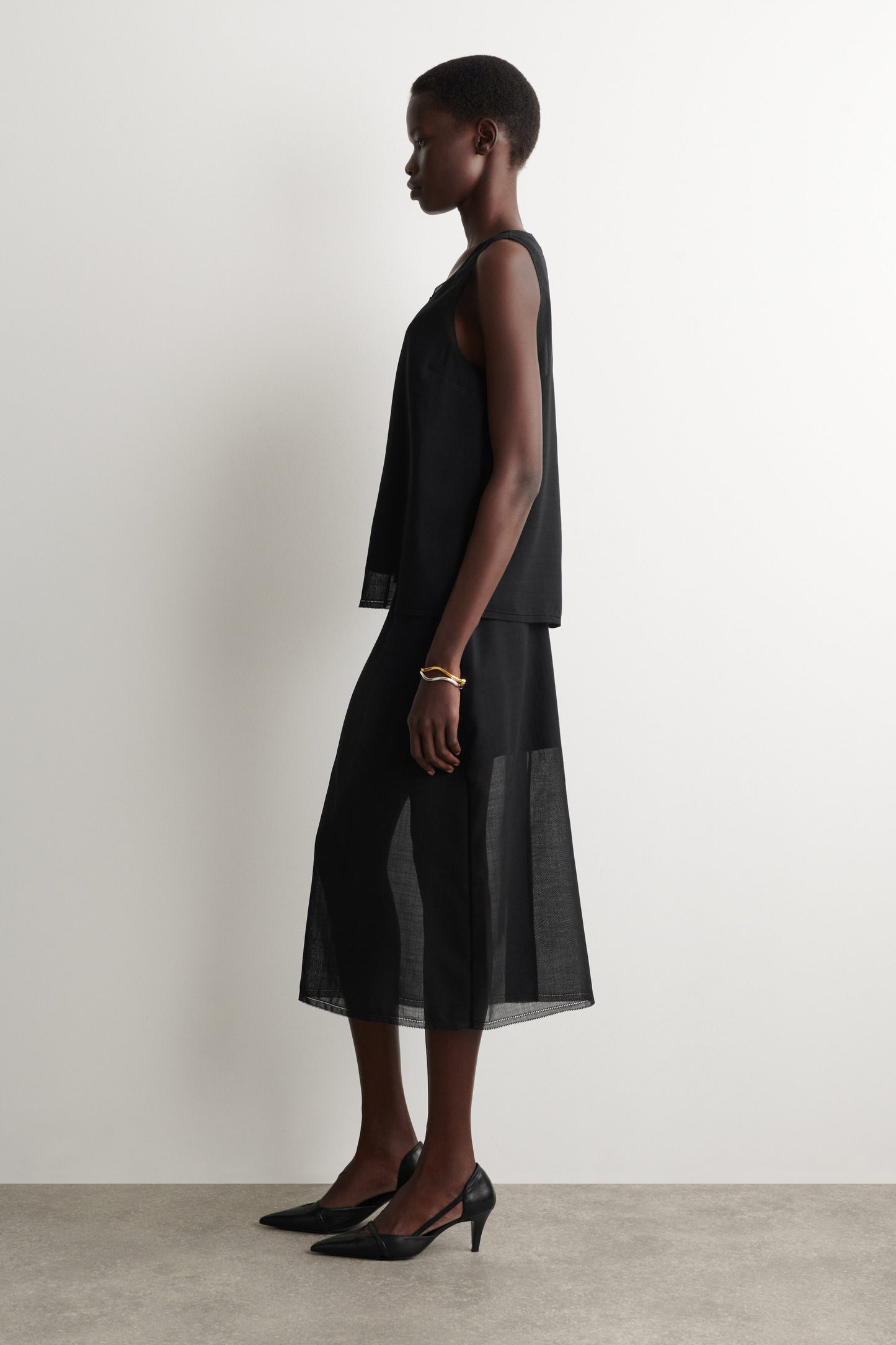 Semi-Sheer Layered Wool Midi Skirt
