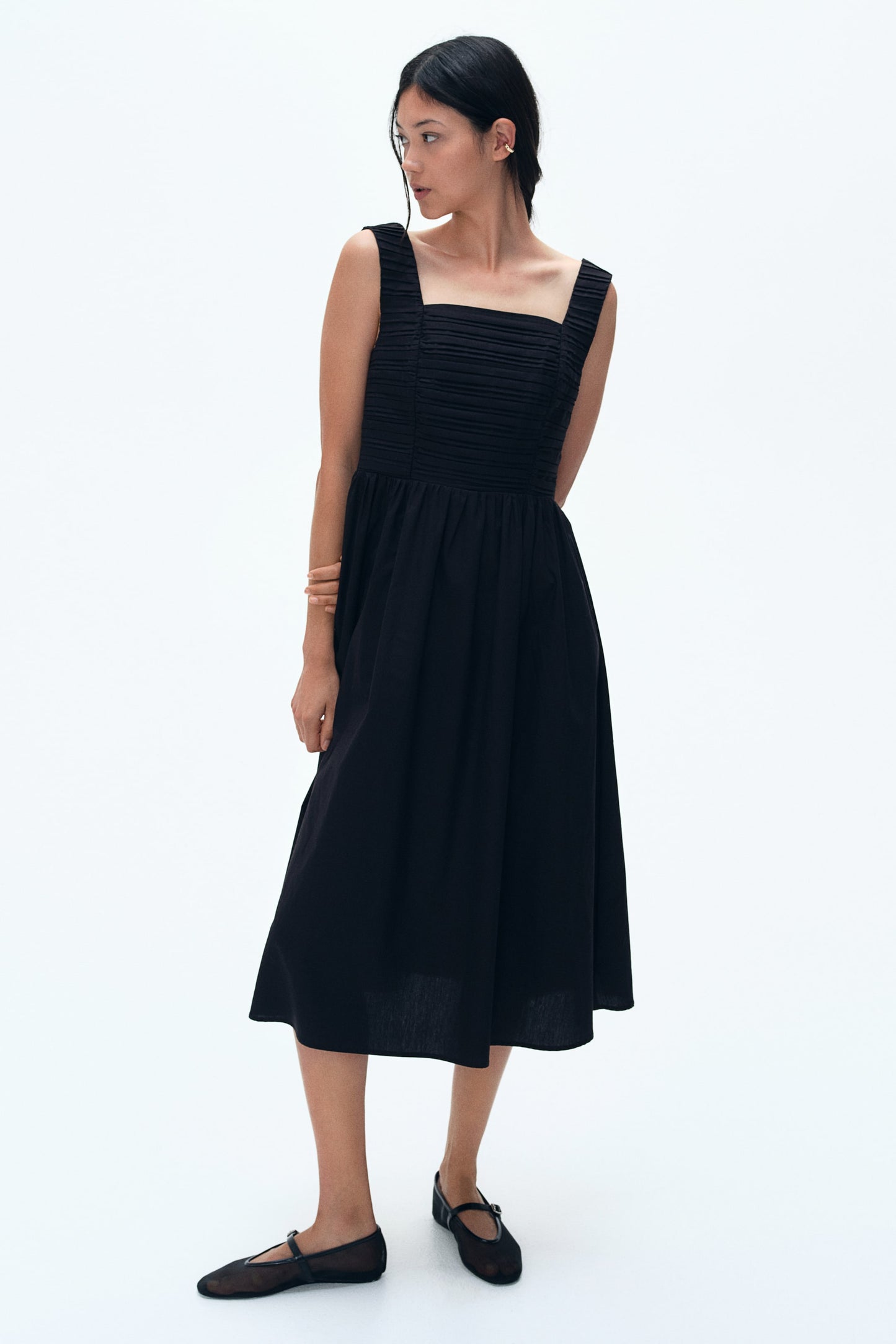 Pintucked flared-skirt dress