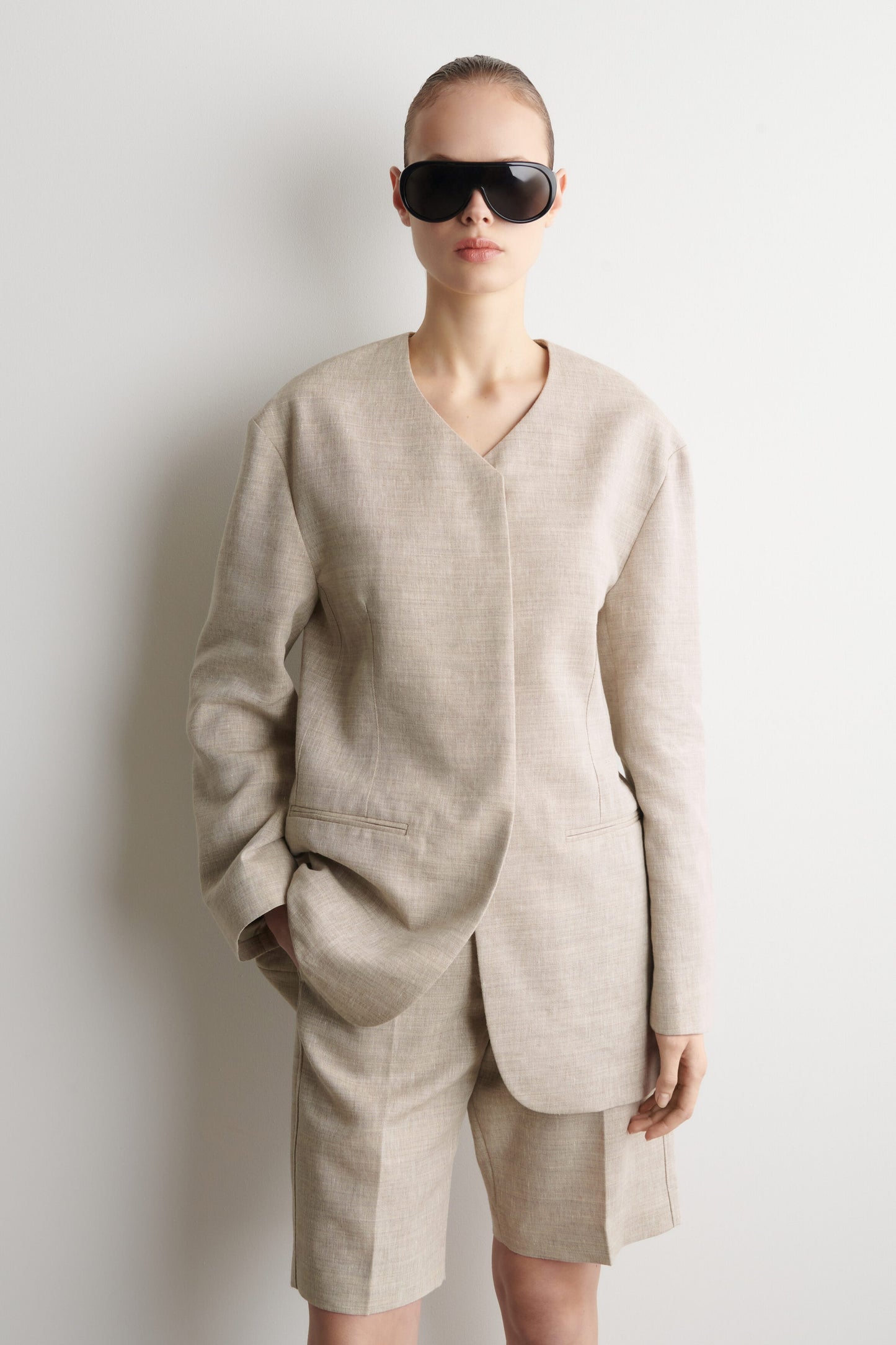Structured Collarless Linen Blazer