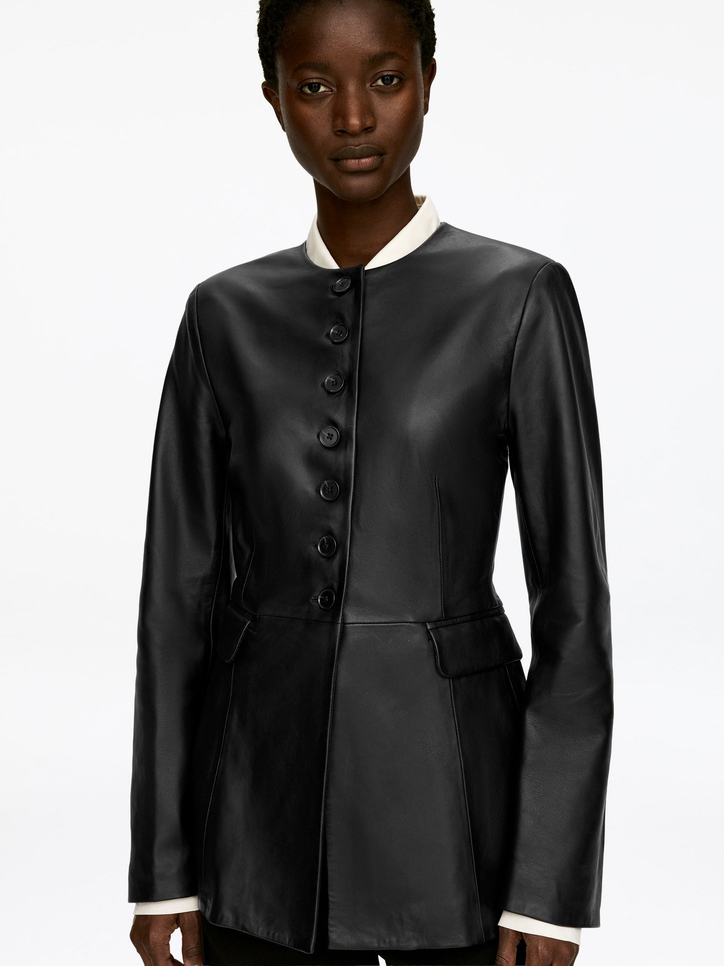 Collarless Leather Blazer