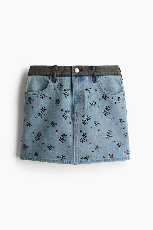 Rhinestone-embellished denim mini skirt