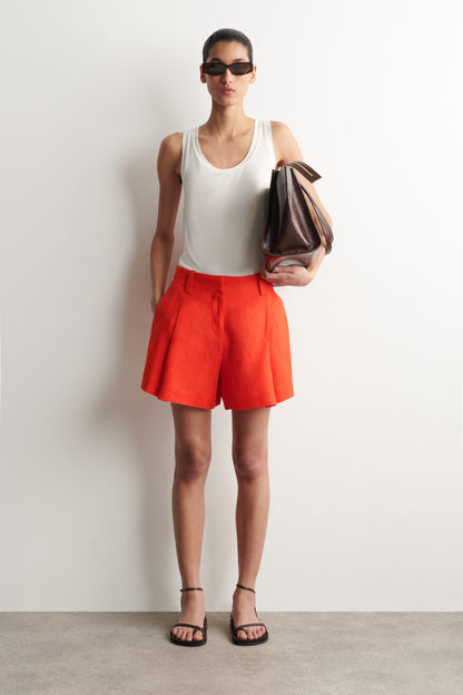 Pleated belted linen shorts