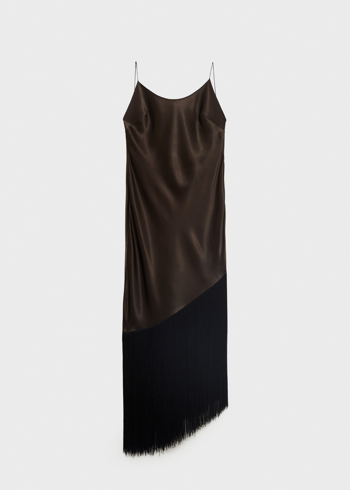 Asymmetrical satin dress with fringes