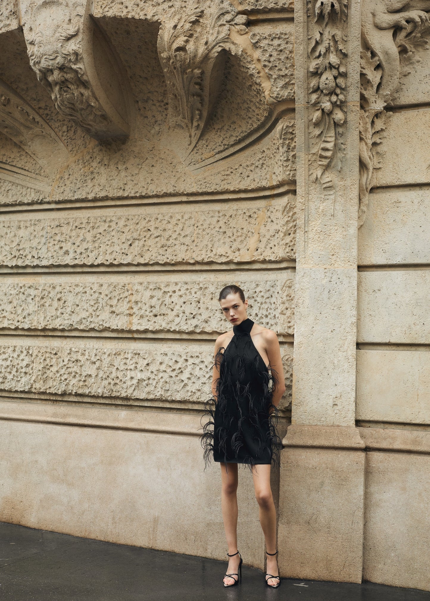 Halter dress with feather decoration