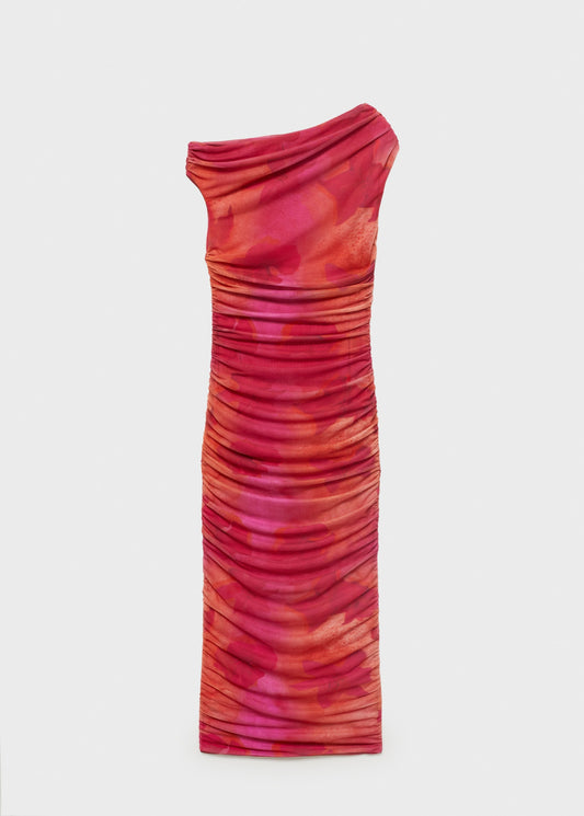 Floral midi dress with asymmetric neckline