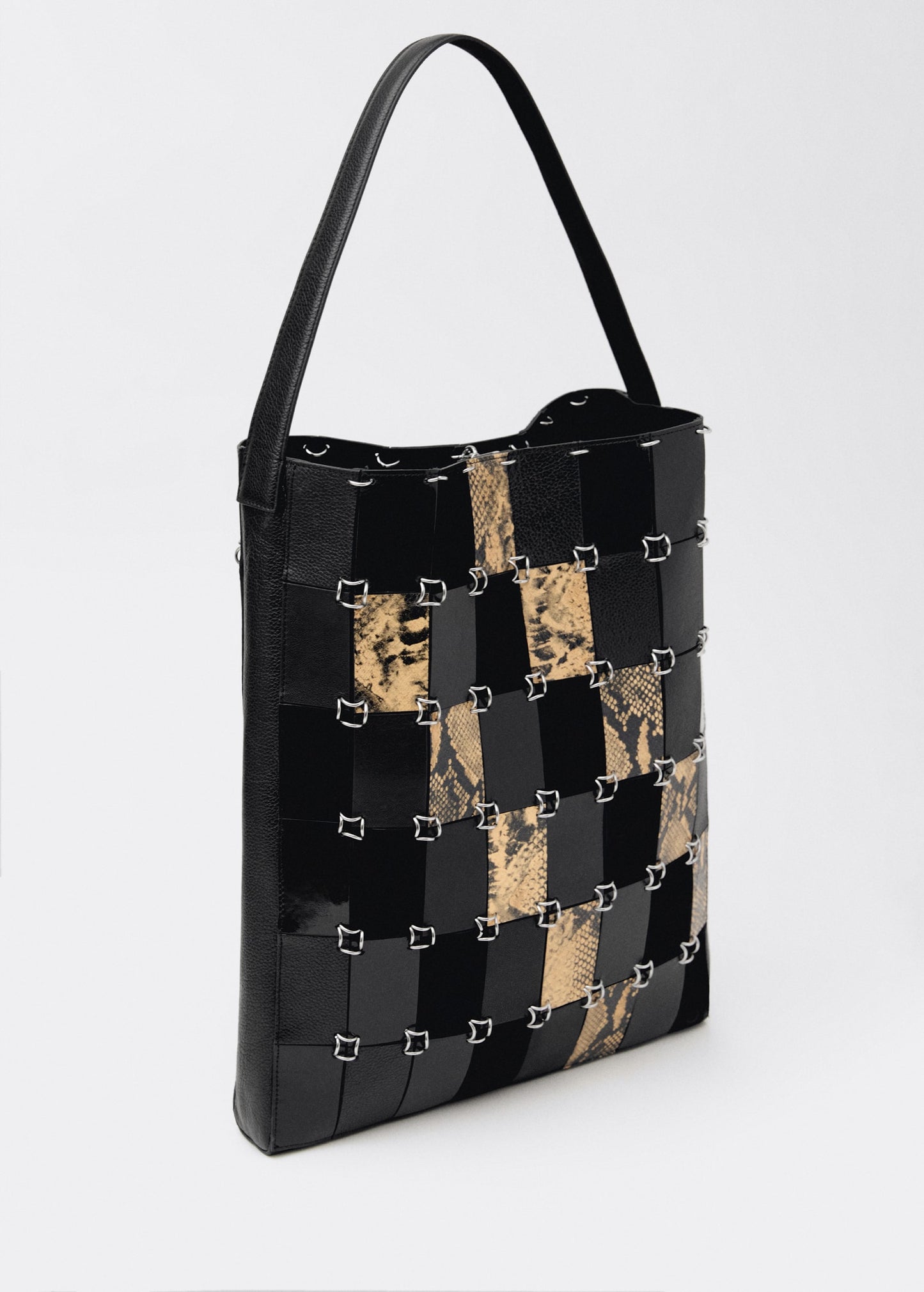 Combined-patchwork leather shopper bag -