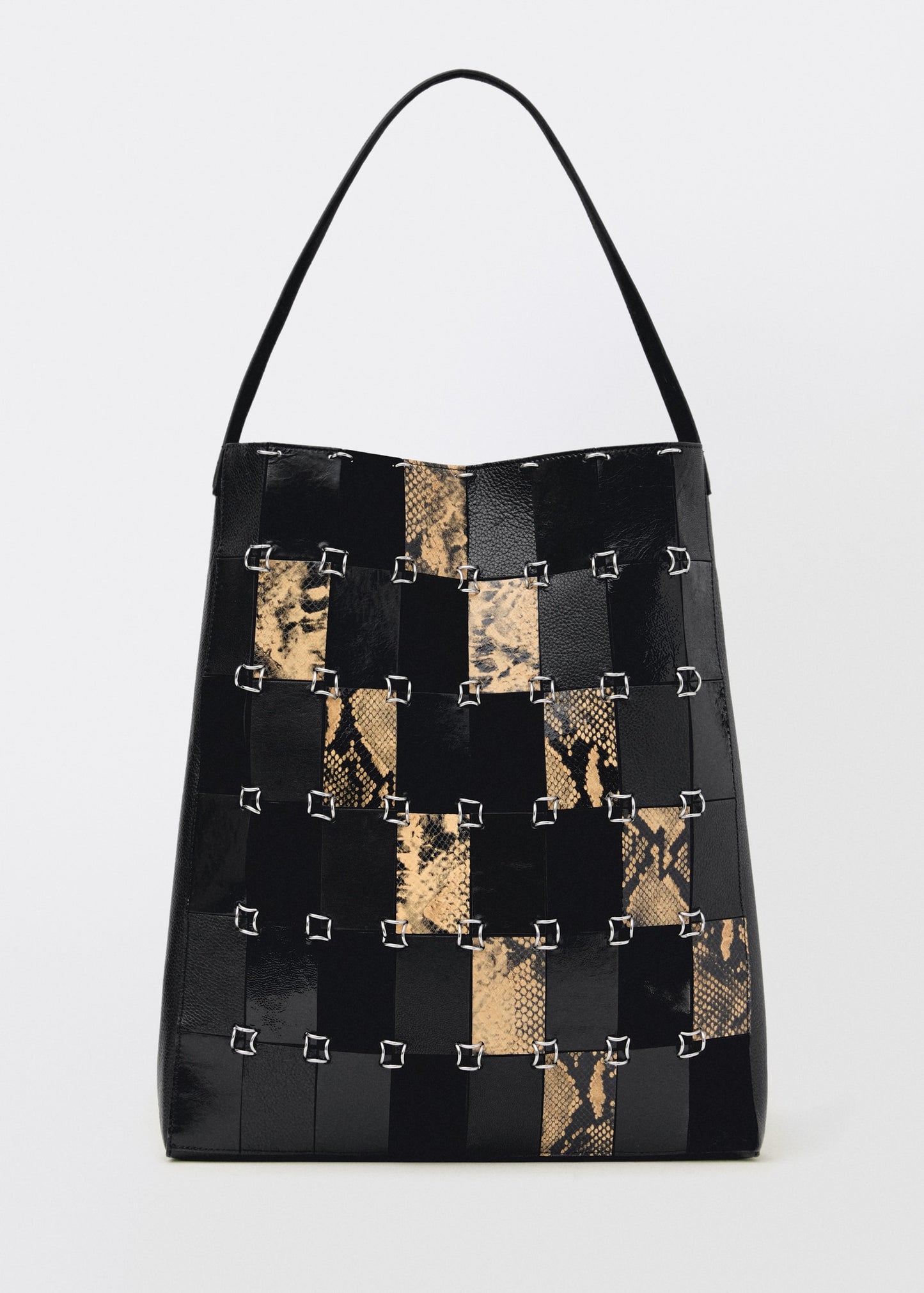 Combined-patchwork leather shopper bag -