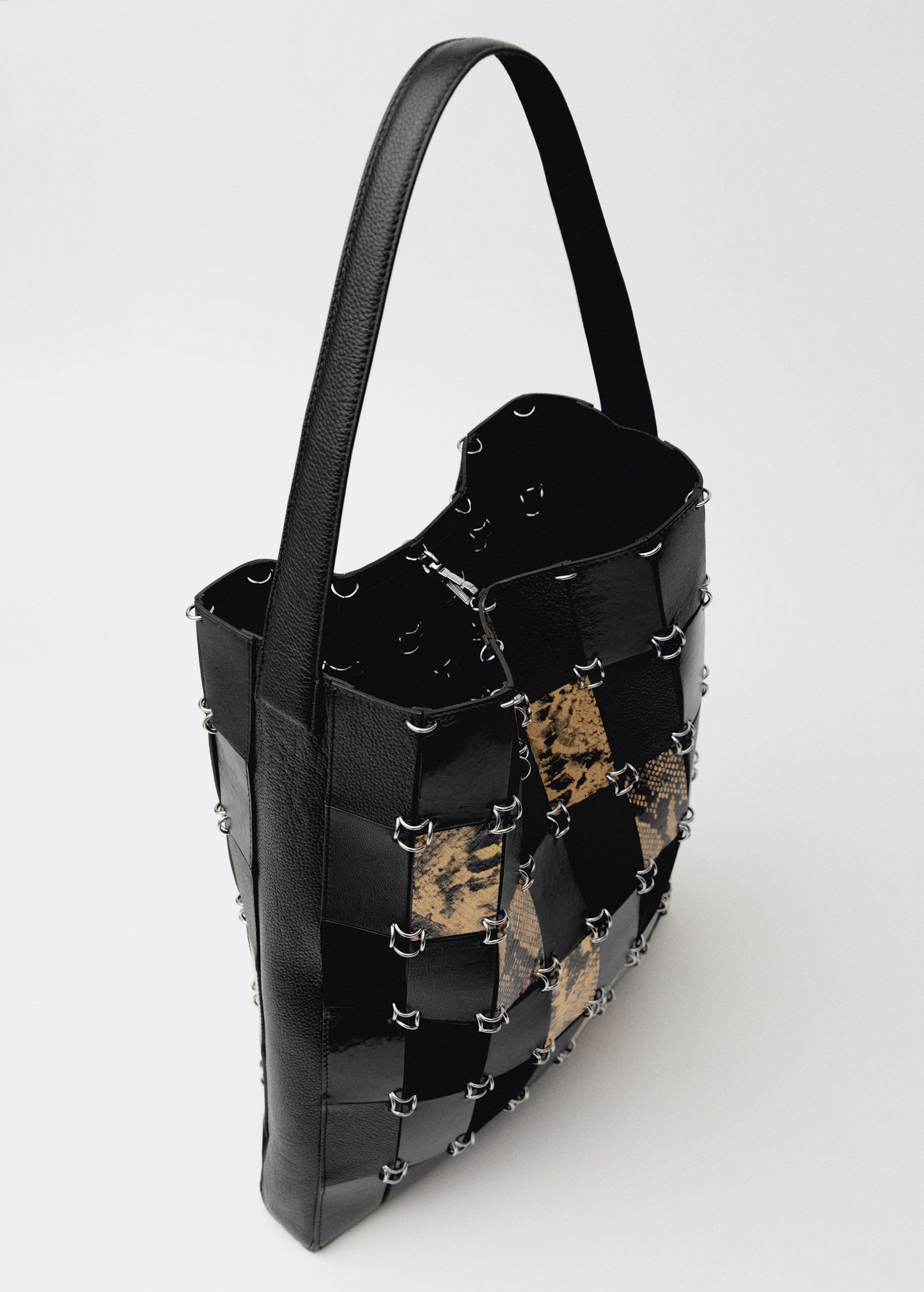 Combined-patchwork leather shopper bag -