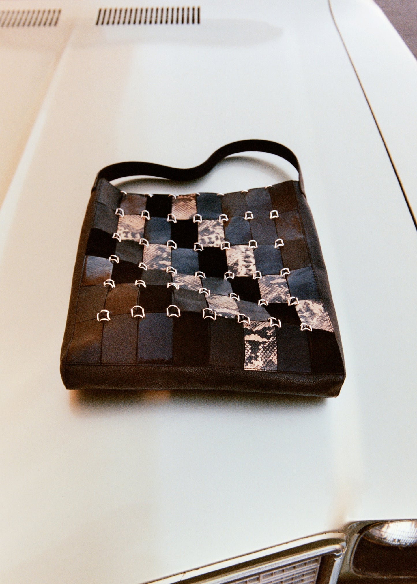 Combined-patchwork leather shopper bag -