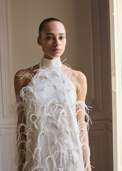 Halter dress with feather decoration