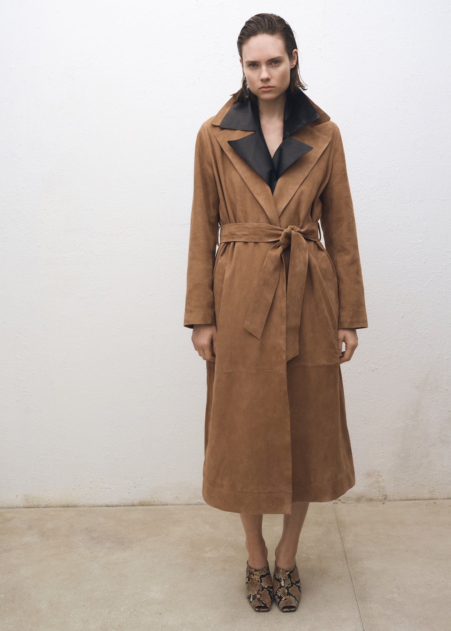 Belted suede trench coat