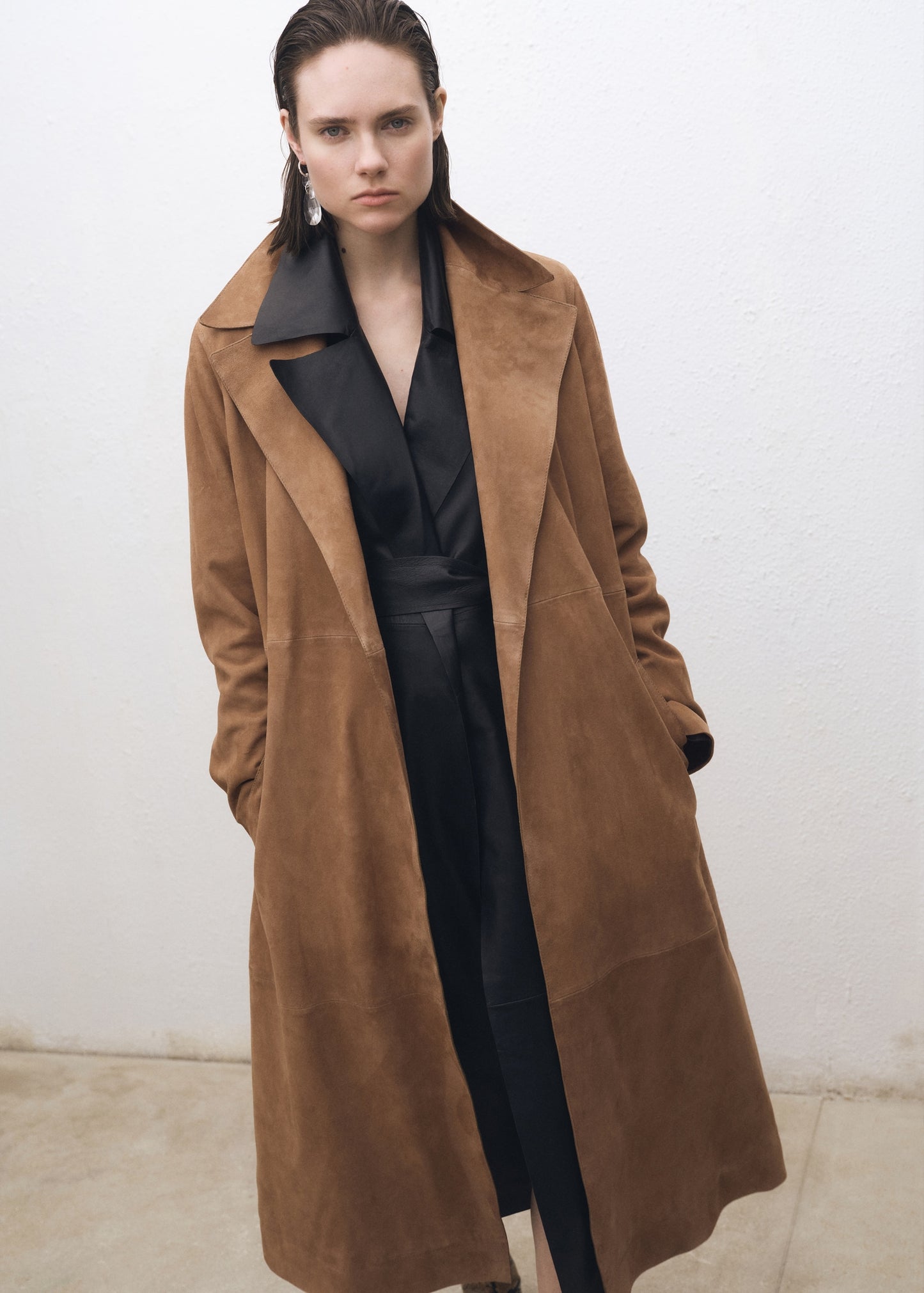 Belted suede trench coat