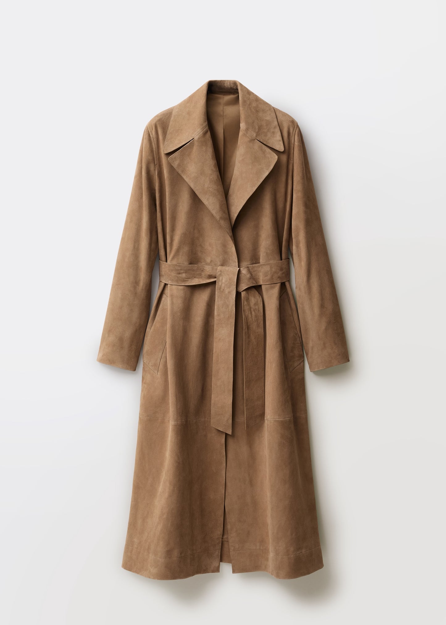 Belted suede trench coat