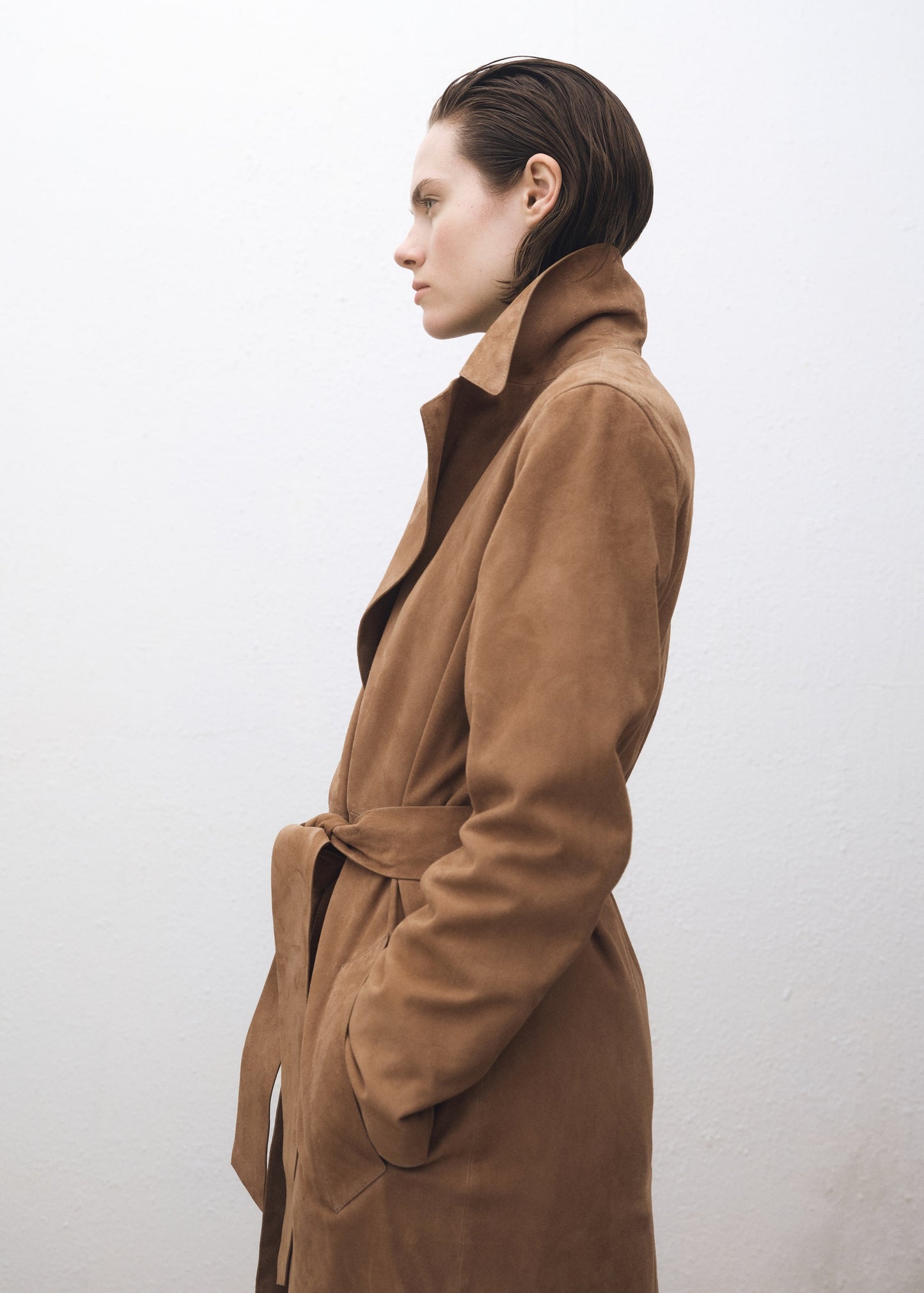 Belted suede trench coat