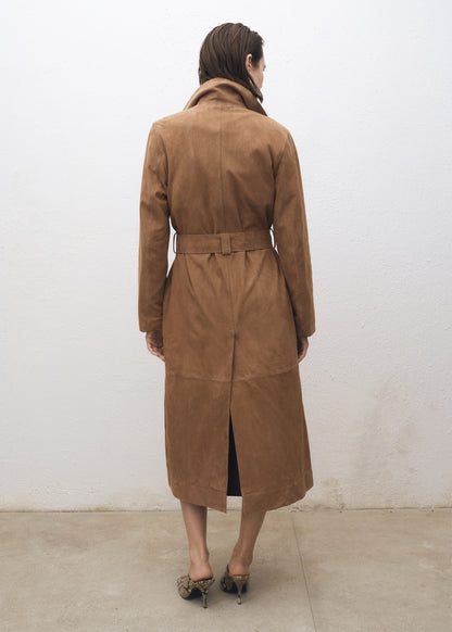 Belted suede trench coat