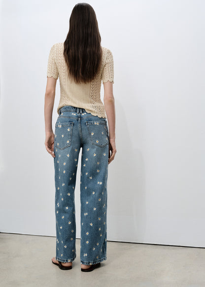 Flower embroidered wideleg jeans