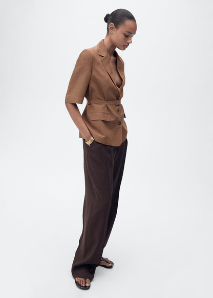 Linen-blend suit jacket with belt