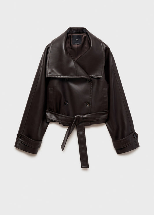 Maxi-jacket with leather-effect lapels