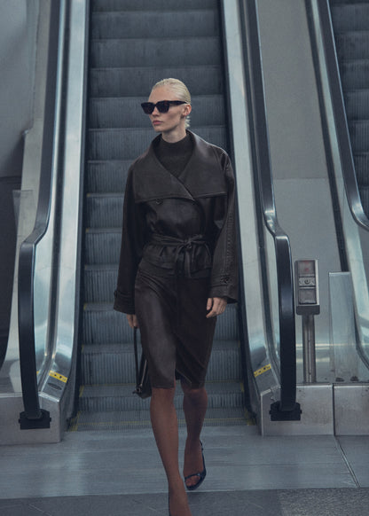 Maxi-jacket with leather-effect lapels