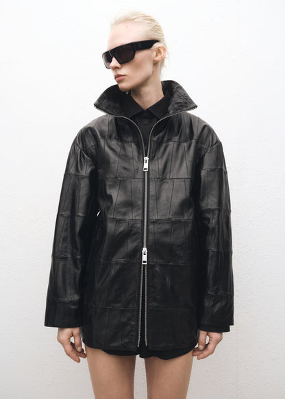 Oversized patchwork leather coat
