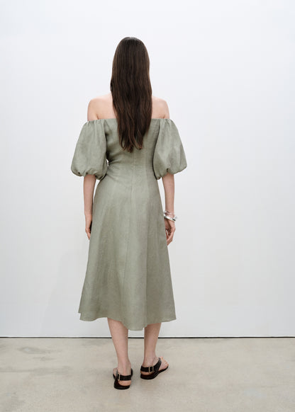 Puffed sleeve linen dress