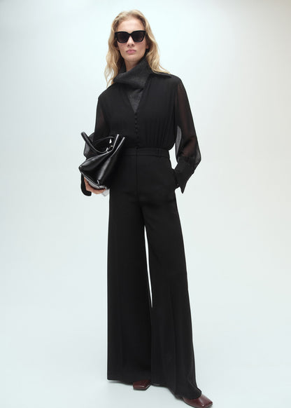 Jumpsuit with semi-transparent sleeves and belt