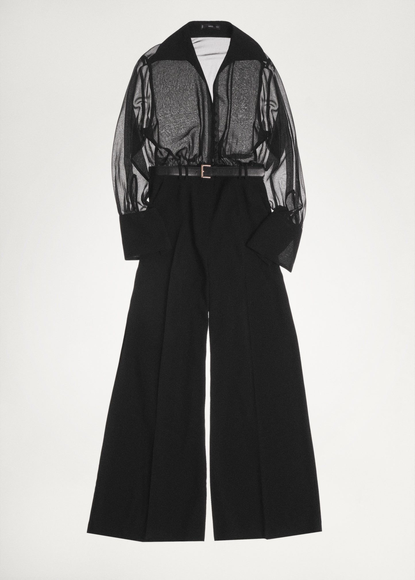 Jumpsuit with semi-transparent sleeves and belt