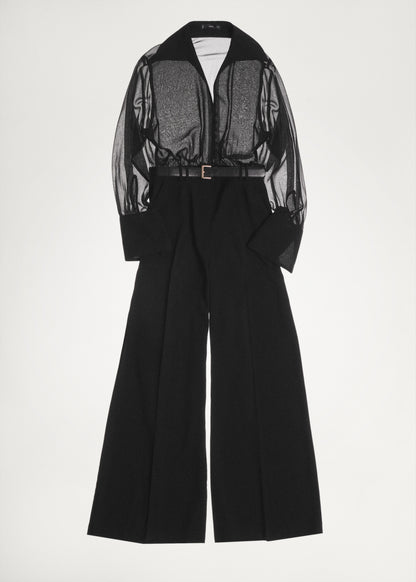 Jumpsuit with semi-transparent sleeves and belt