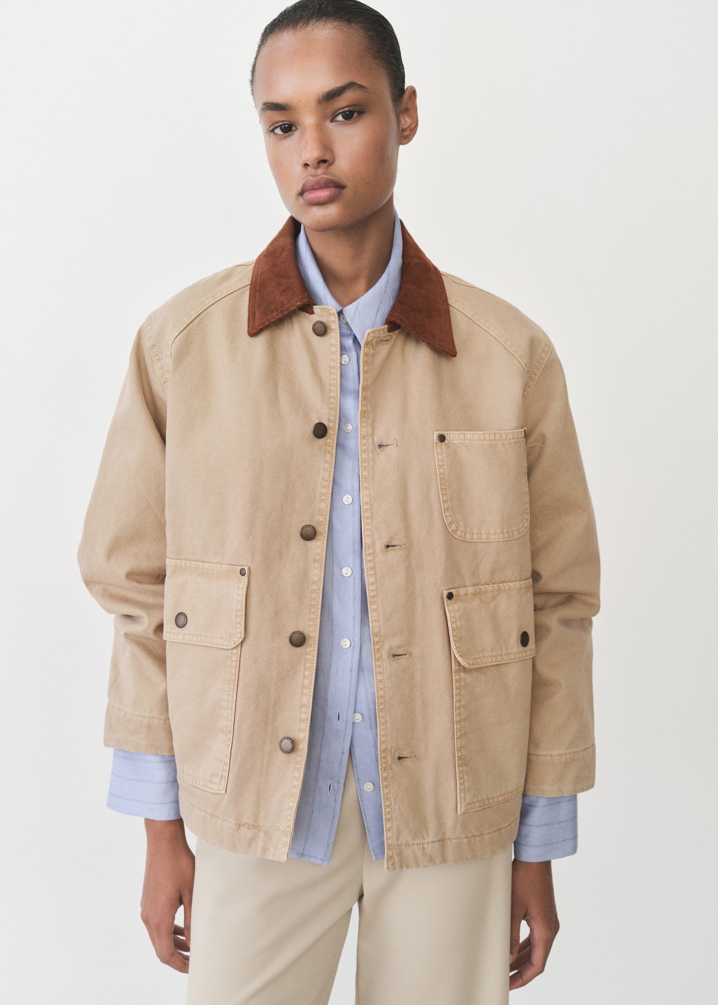 Denim parka with contrasting collar