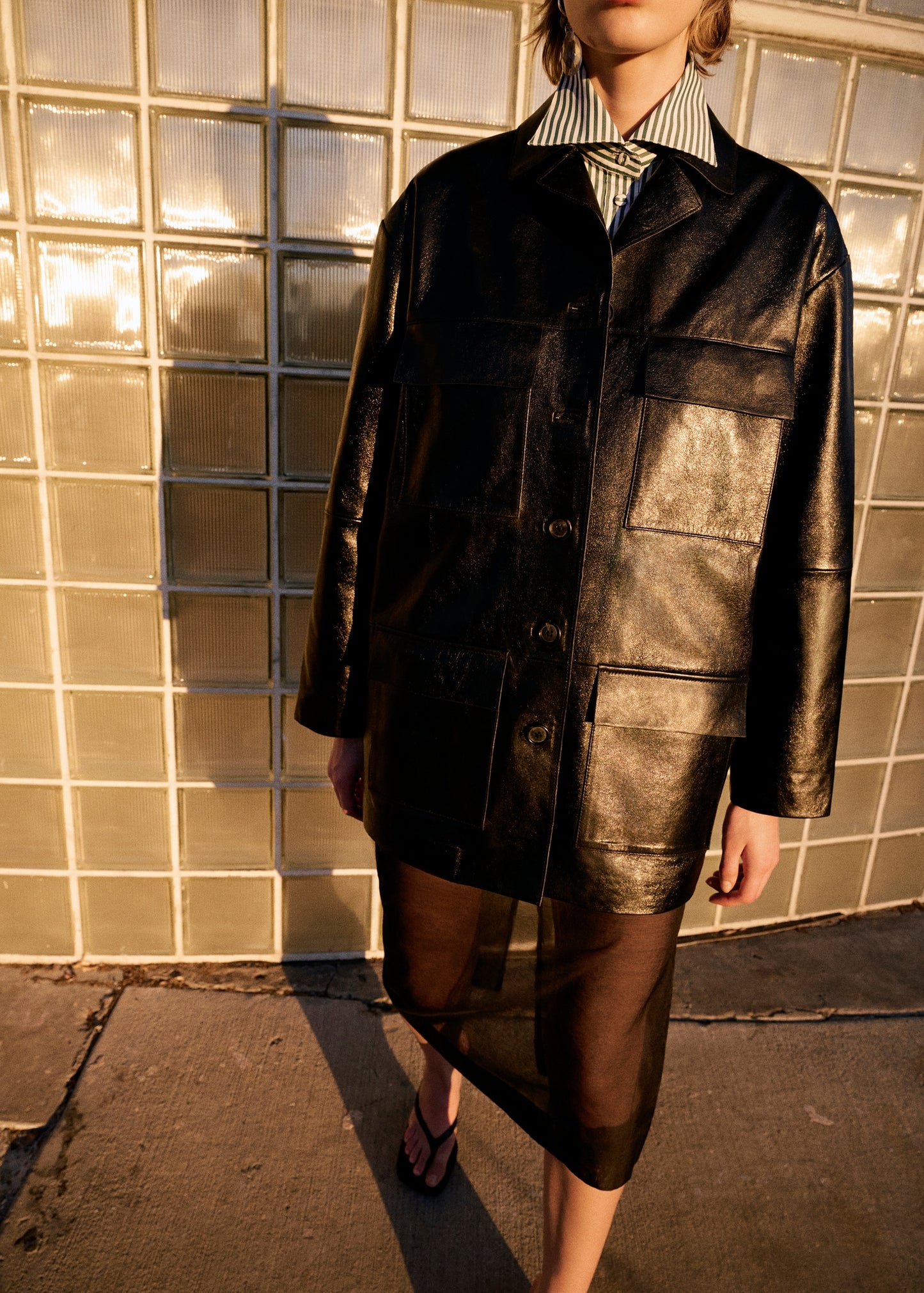 Oversized leather jacket with pockets